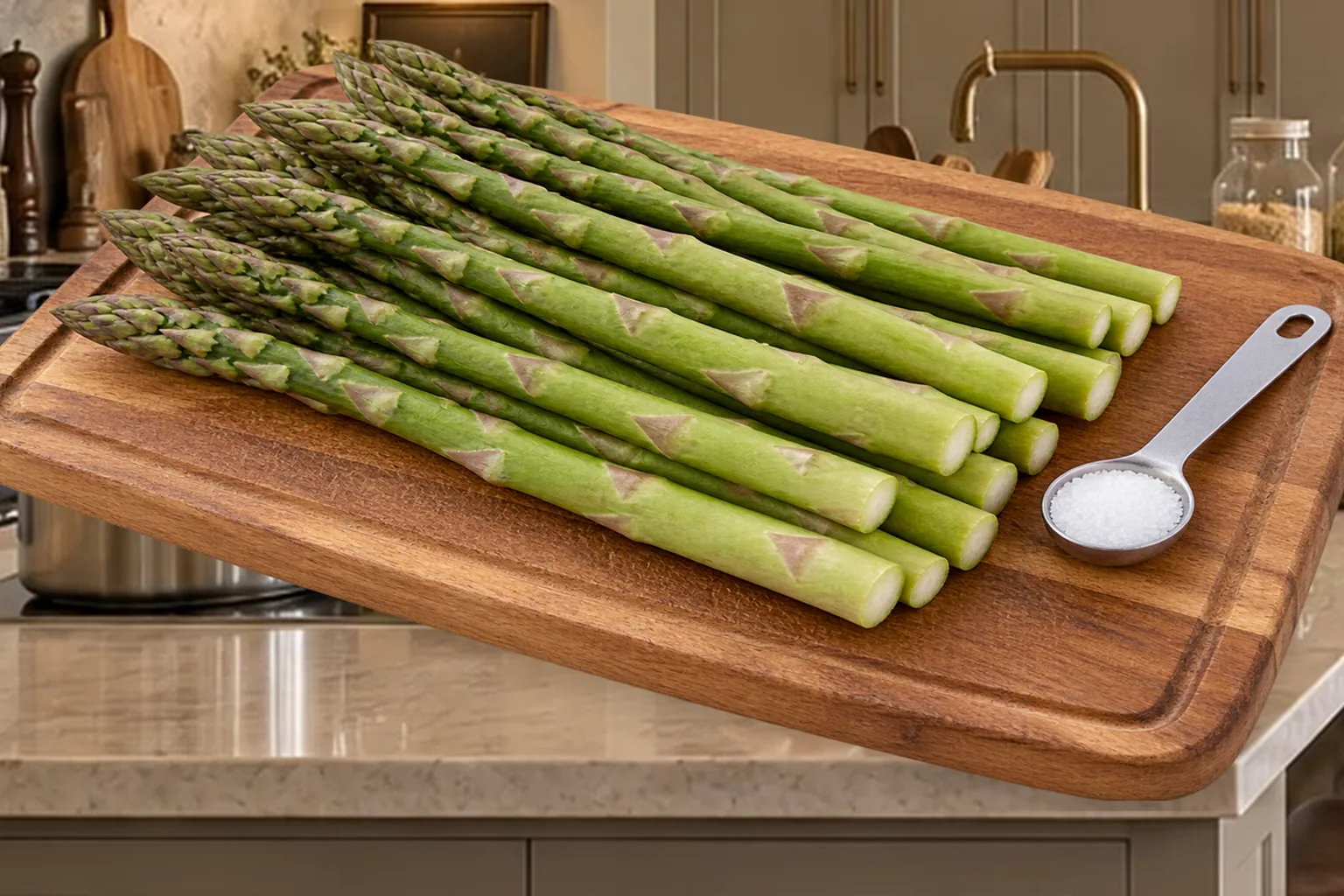 Trimmed raw asparagus and measured sea salt before blanching