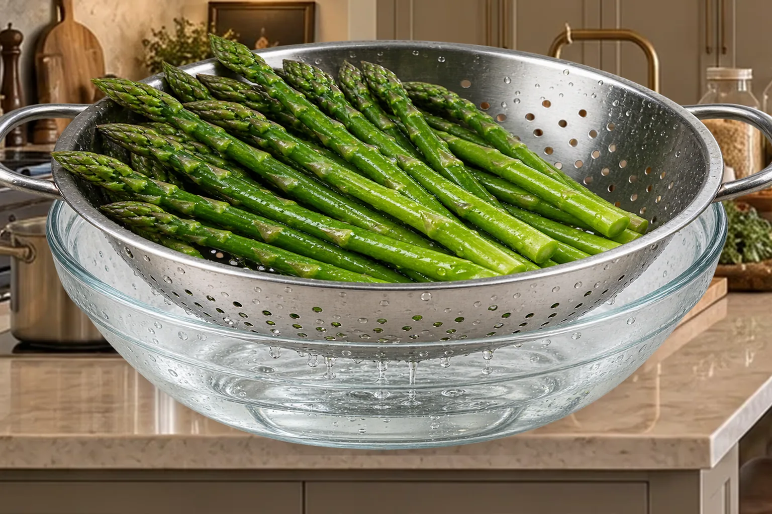 Blanched asparagus draining in a stainless colander over a clear glass bowl