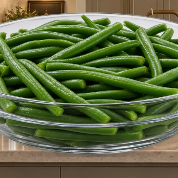 Close plain blanched green beans for Full GAPS in a clear glass bowl on the canonical WFLI counter