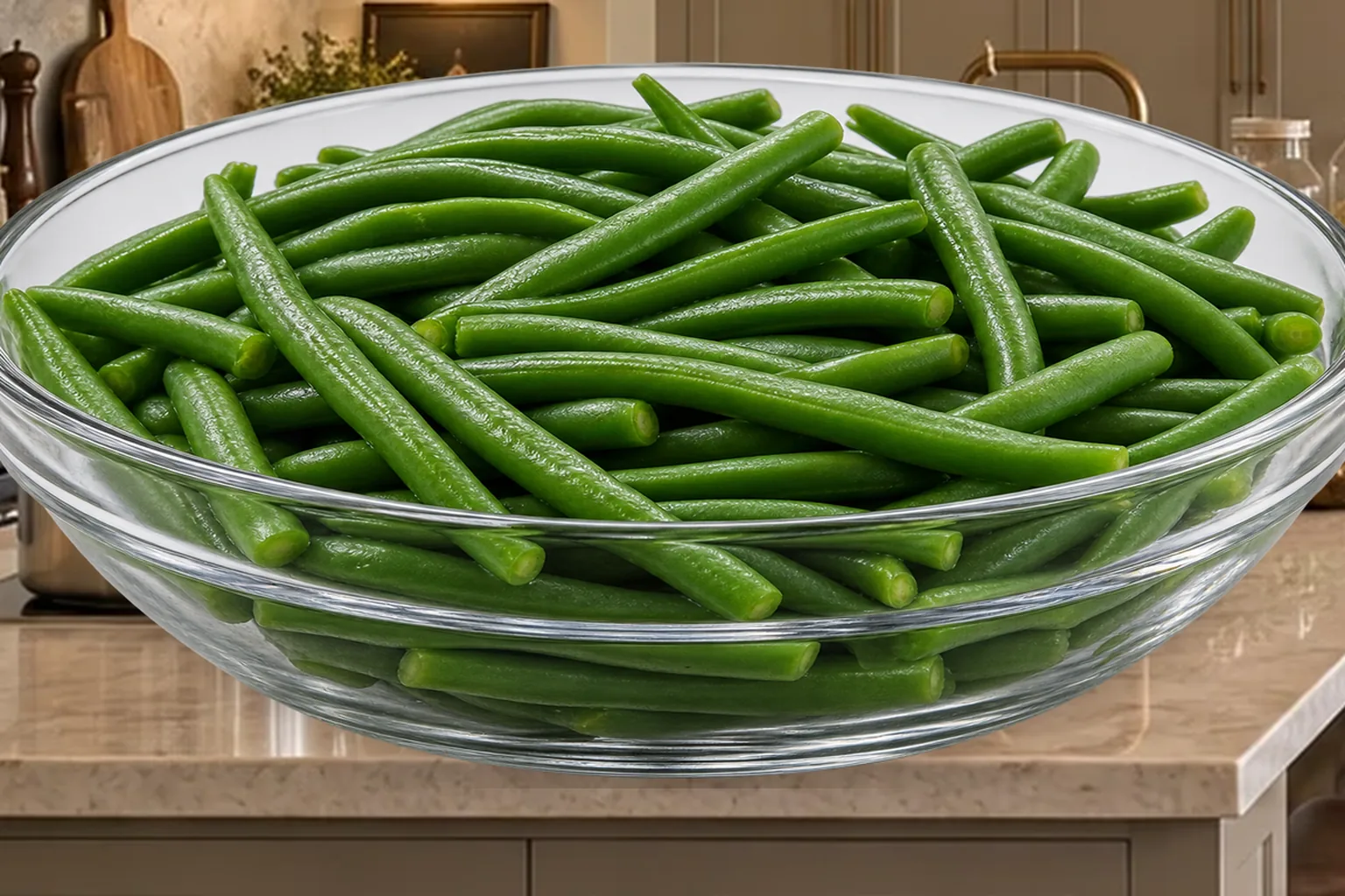 Close plain blanched green beans for Full GAPS in a clear glass bowl on the canonical WFLI counter