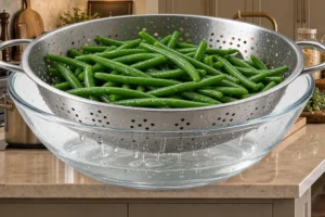 Blanched green beans draining in a stainless colander over a clear glass bowl