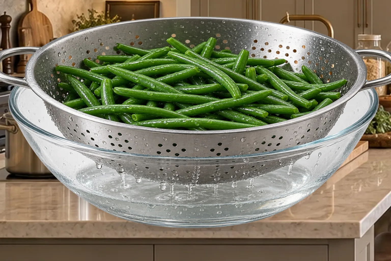 Blanched green beans draining in a stainless colander over a clear glass bowl