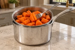 Fork testing steamed carrot pieces for carrot custard pie