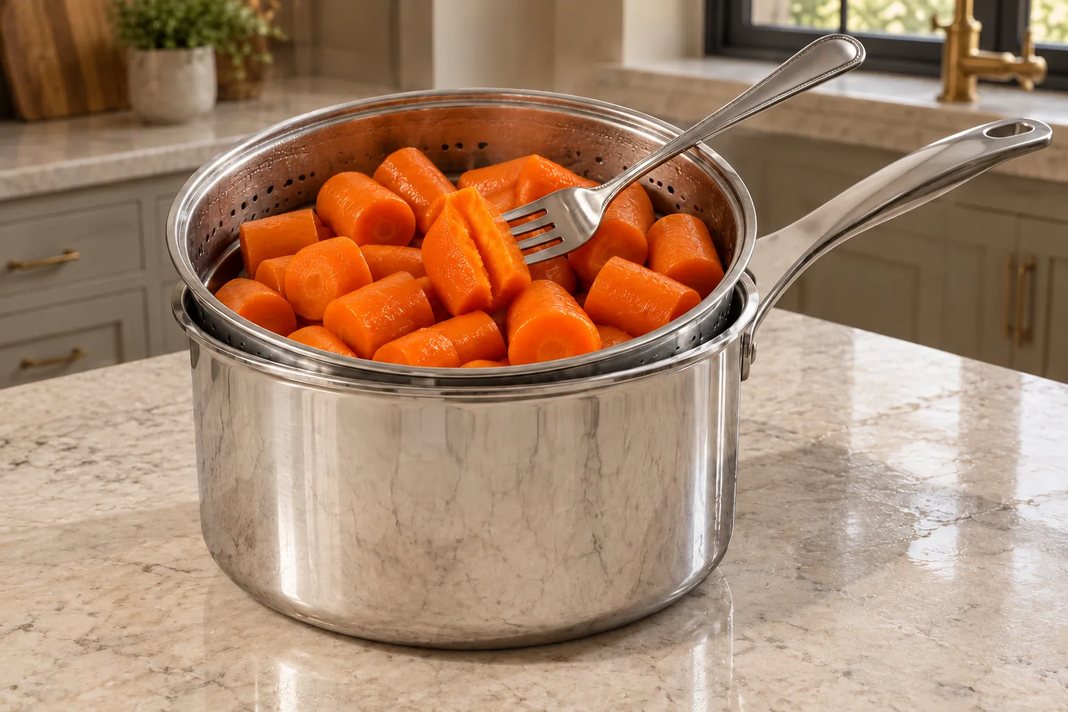 Fork testing steamed carrot pieces for carrot custard pie