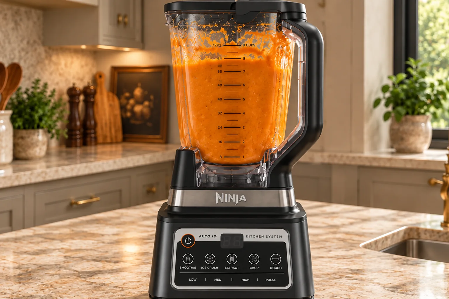 Smooth orange carrot custard filling in a Ninja BN801 blender