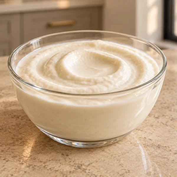 GAPS cashew yogurt for Full GAPS in a clear glass bowl on the WFLI kitchen counter