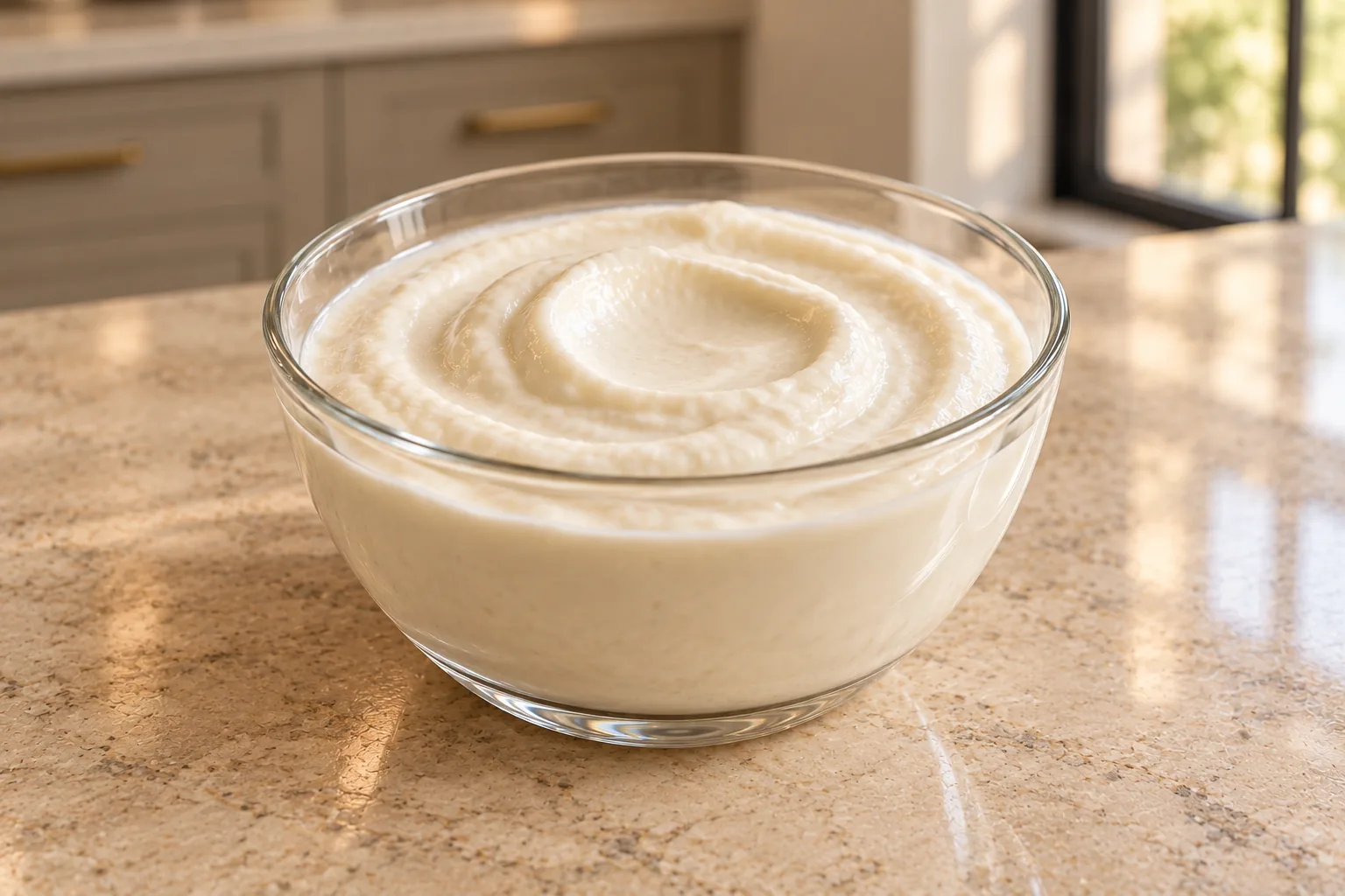 Plain Full GAPS cashew yogurt in a clear glass bowl