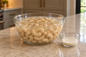 Fresh raw cashews after a two-hour soak in measured filtered water for Full GAPS cashew yogurt