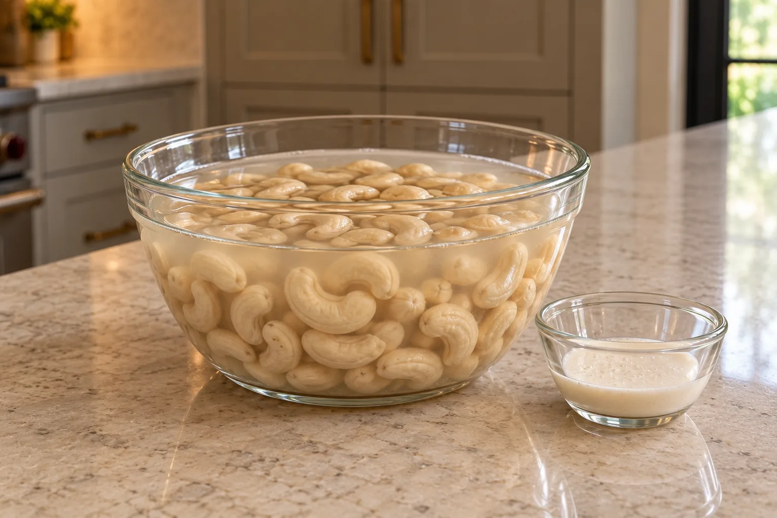 Fresh raw cashews after a two-hour soak in their measured filtered water