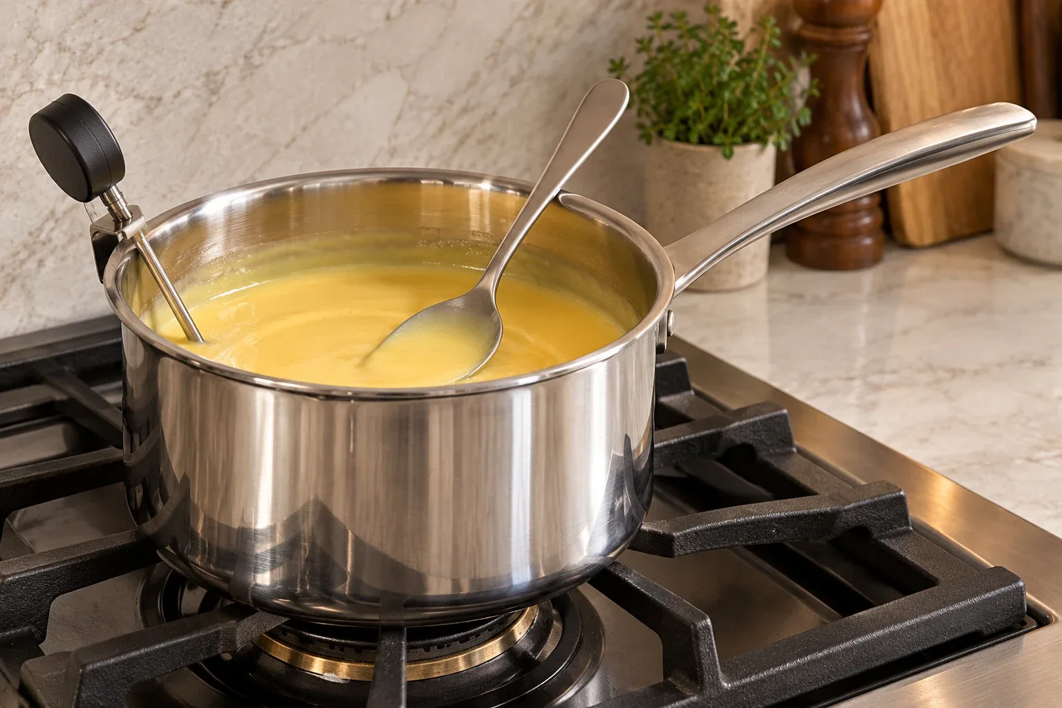 Lime, raw honey, and egg-yolk custard at 170 degrees in a Le Creuset stainless-steel saucepan for cherry cheesecake ice cream