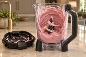 Smooth pale-pink cherry cashew cream coating the exact Ninja BN801 pitcher and used blades