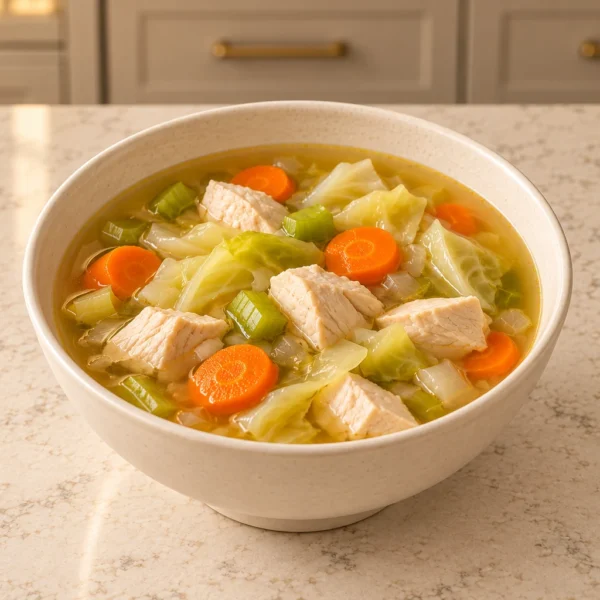 Chicken cabbage vegetable soup with cooked chicken, cabbage, carrots, celery, onion, garlic, and zucchini in homemade meat stock