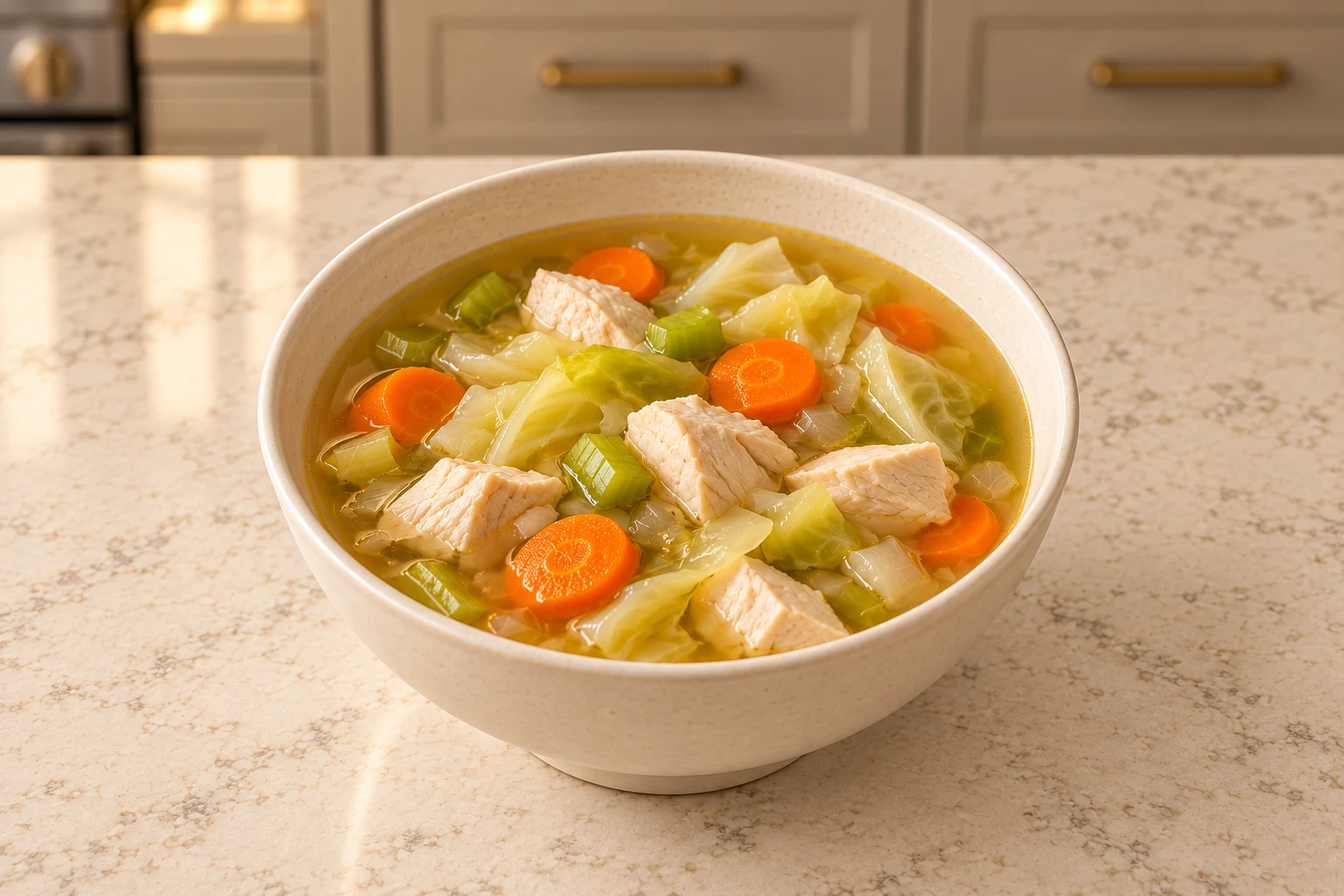 Chicken cabbage vegetable soup with cooked chicken, cabbage, carrots, celery, onion, garlic, and zucchini in homemade meat stock