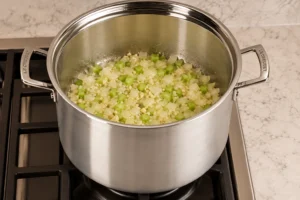 Translucent onion, celery, and diced garlic softening in a Le Creuset stainless stockpot for chicken cabbage vegetable soup