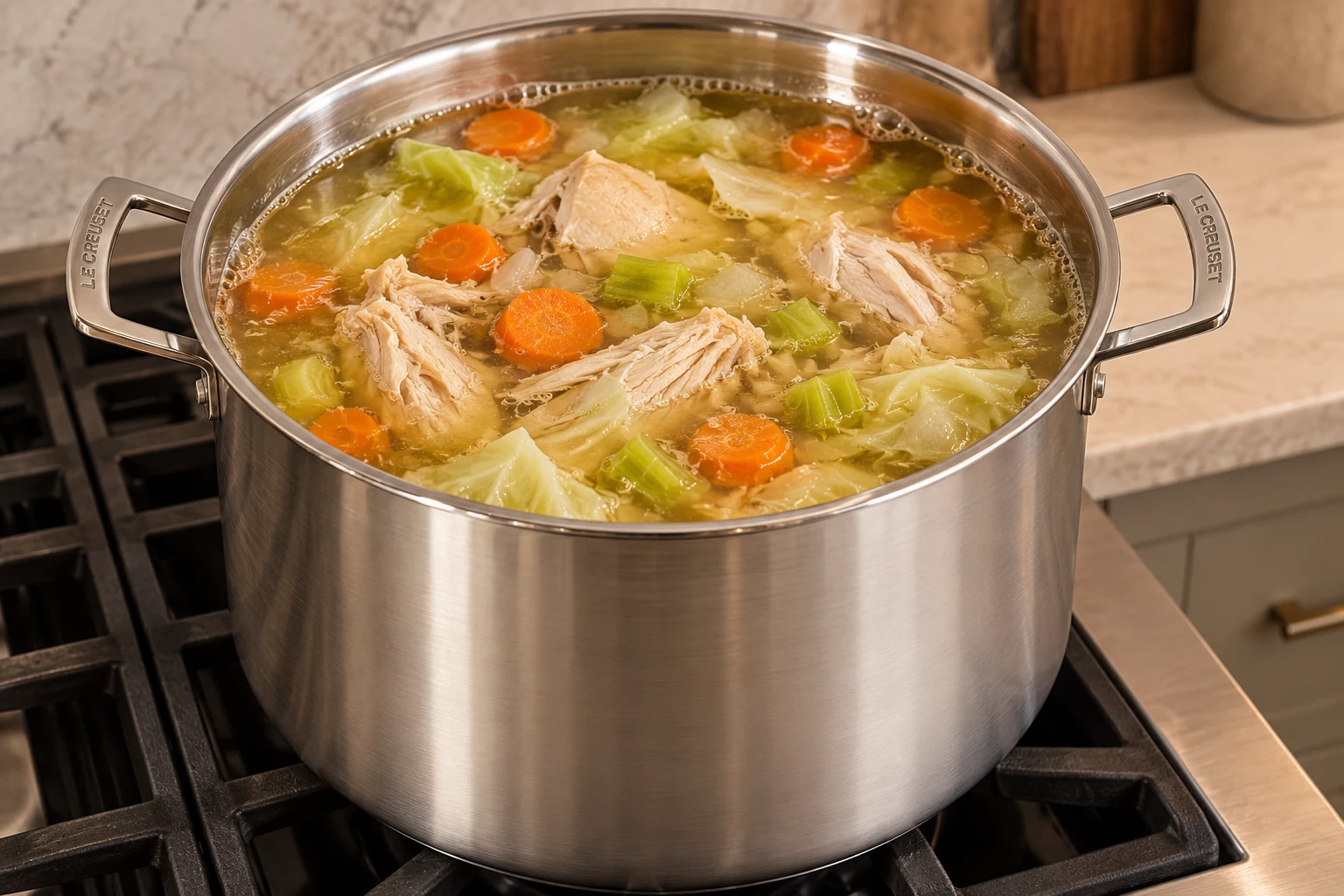 Chicken cabbage vegetable soup gently simmering in a Le Creuset stainless stockpot
