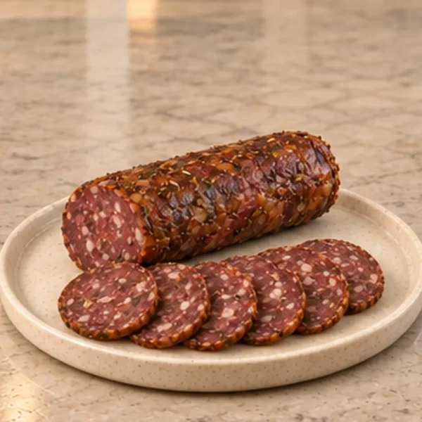 Homemade chicken heart salami for Full GAPS, sliced on a cream plate