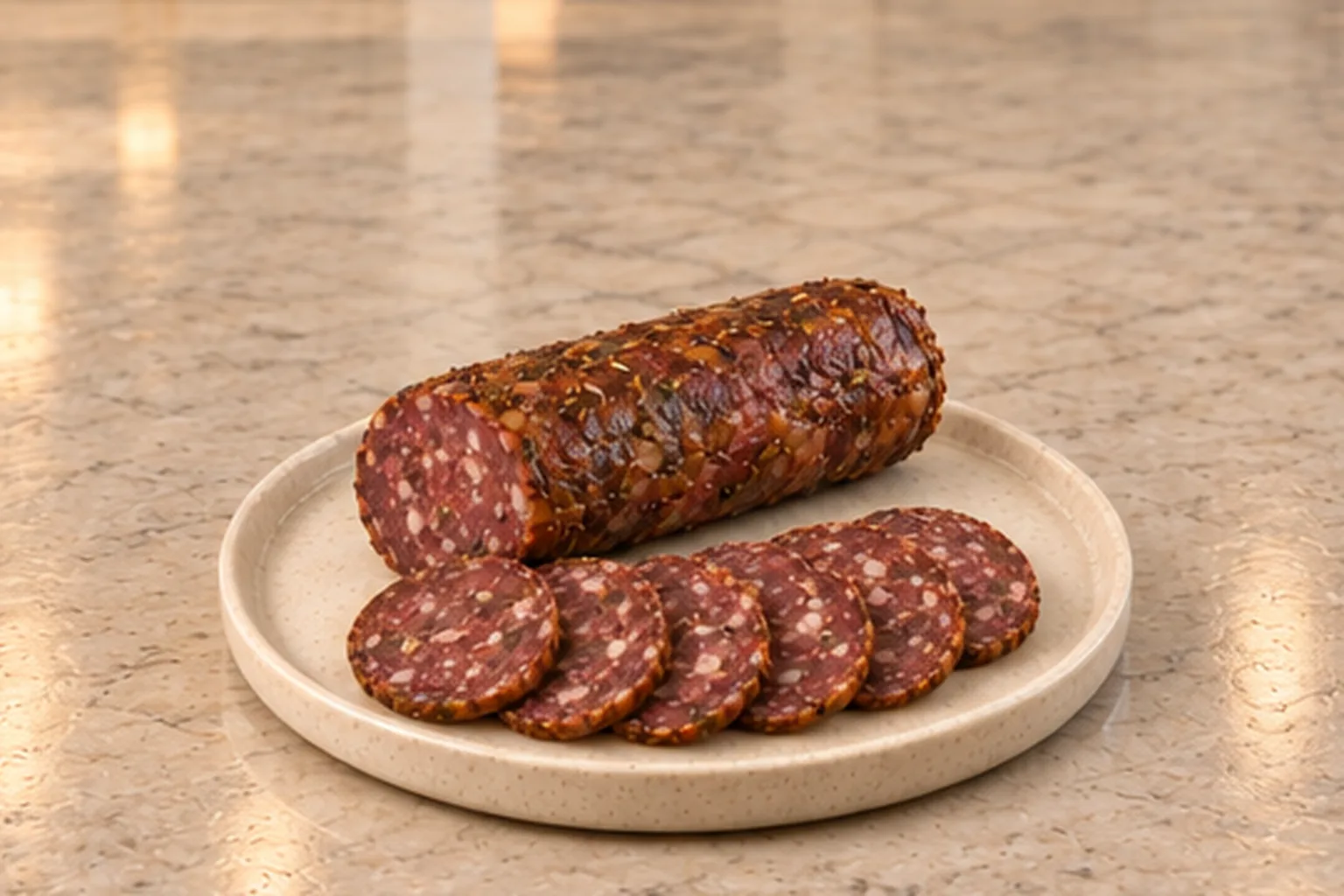 Homemade chicken heart salami for Full GAPS, sliced on a cream plate