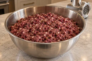 Twice-ground chicken hearts, additive-free uncured bacon, and mushrooms for Full GAPS in a stainless-steel bowl