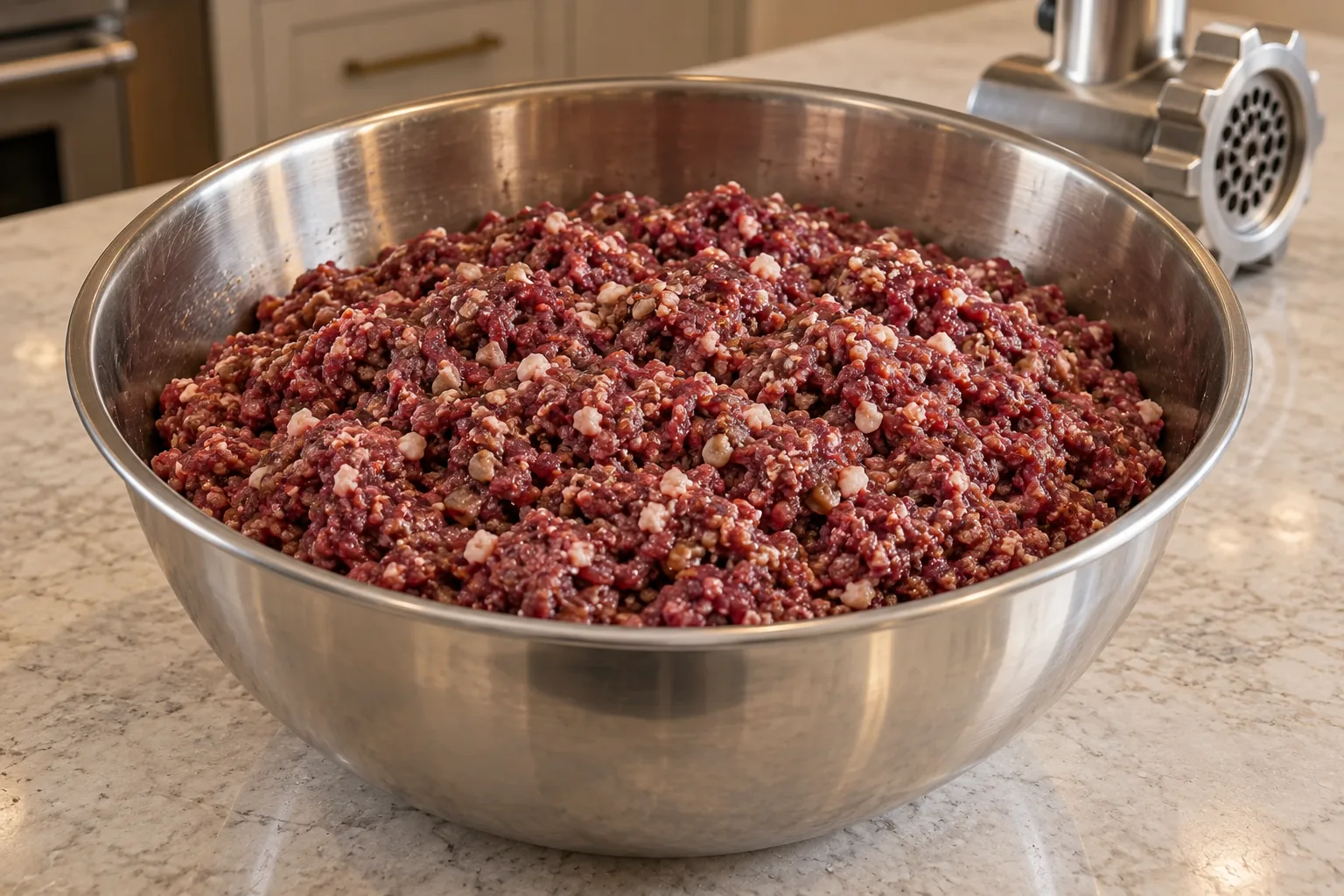 Twice-ground chicken hearts, additive-free uncured bacon, and mushrooms for Full GAPS in a stainless-steel bowl