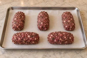 Five evenly shaped chicken heart salami logs for Full GAPS on a parchment-lined stainless-steel sheet pan