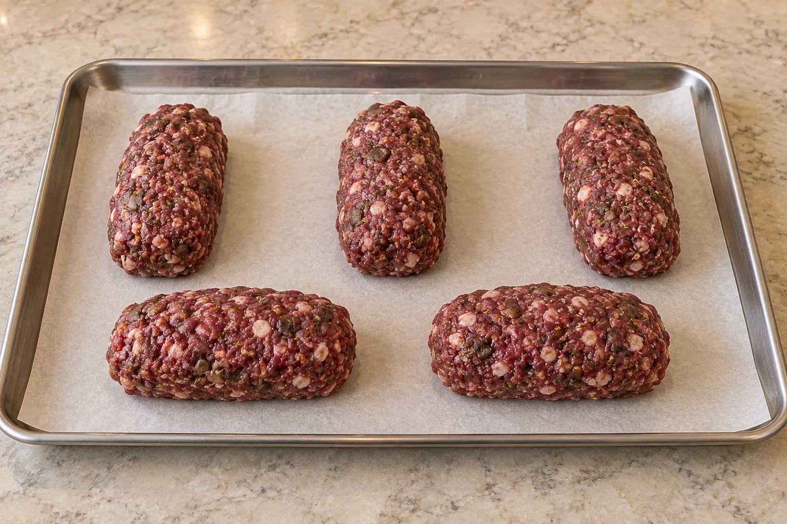 Five evenly shaped chicken heart salami logs for Full GAPS on a parchment-lined stainless-steel sheet pan
