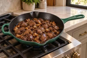 Chicken livers and fatty pork pieces fully cooked in a Le Creuset Artichaut skillet with the roast liquid nearly reduced