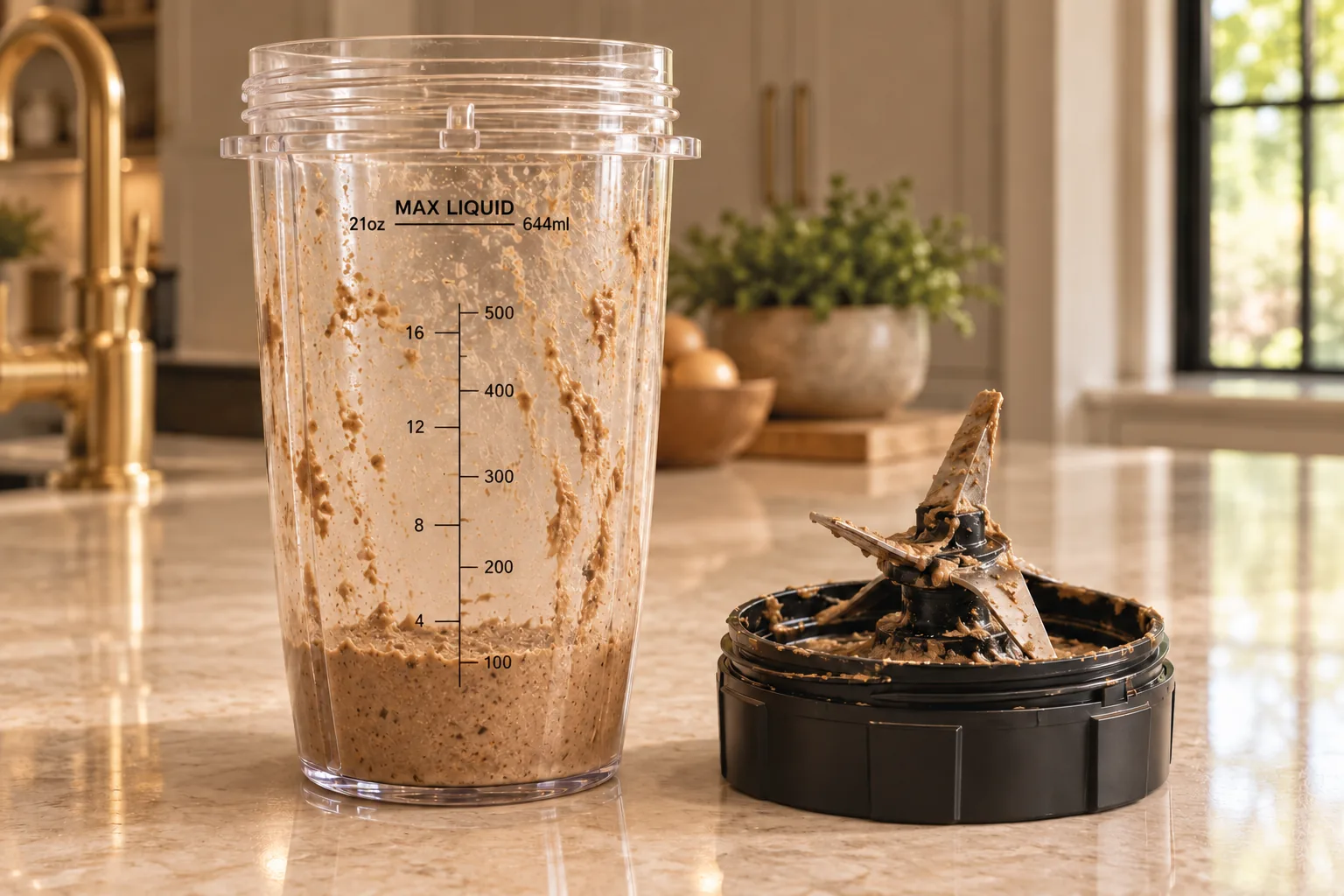 First half-batch of Full GAPS chicken liver p&acirc;t&eacute; near the 100-milliliter mark in an exact Ninja BN801 cup beside its used coated blade