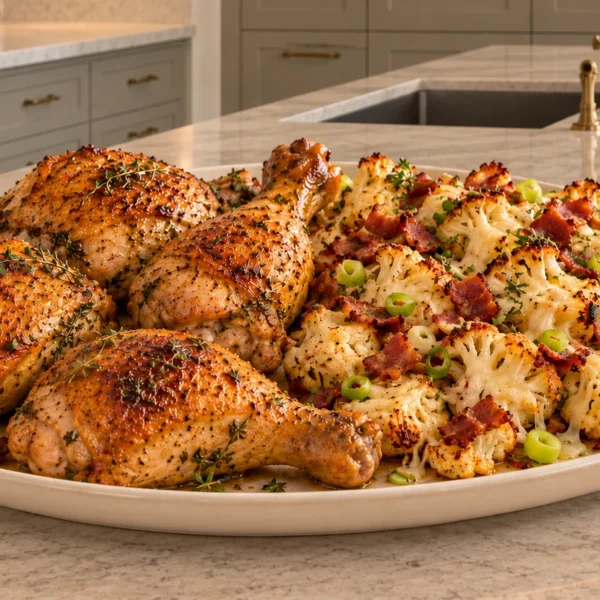 Chicken and loaded cauliflower sheet pan dinner with crisp bacon, scallions, herbs, and melted aged cheese