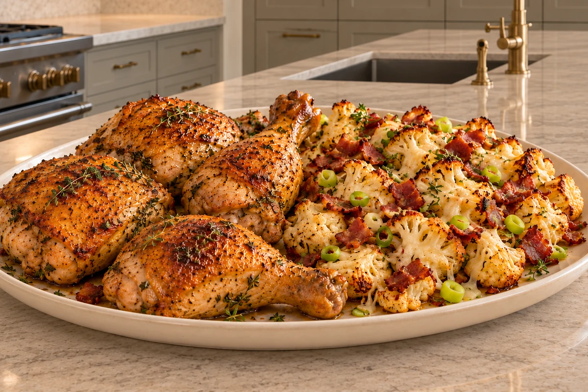 Chicken and loaded cauliflower sheet pan dinner with bacon, scallions, thyme, and aged cheese