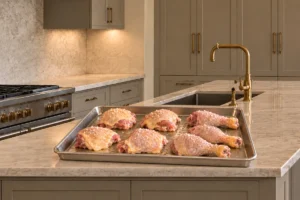 Raw seasoned bone-in chicken pieces arranged skin-side up on a stainless steel sheet pan