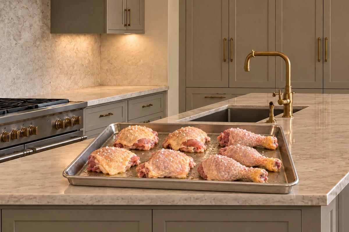 Raw salted bone-in chicken coated in bacon fat on an uncoated stainless half sheet pan