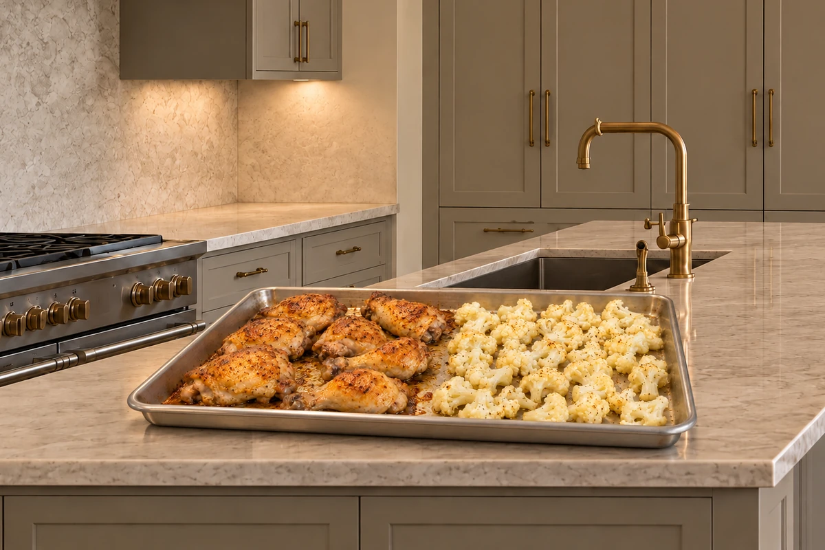 Partially roasted chicken and newly added cauliflower arranged in two zones on the sheet pan