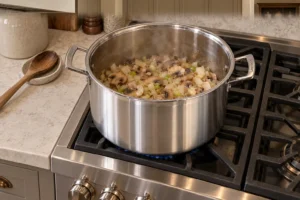 Onions, green-onion whites, and sliced mushrooms softening in a stainless stockpot