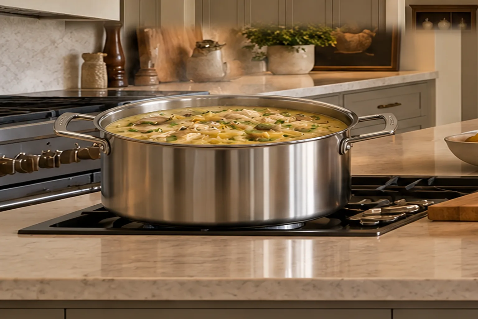 Chicken, spaghetti squash, mushrooms, and green onions heating in creamy meat-stock broth