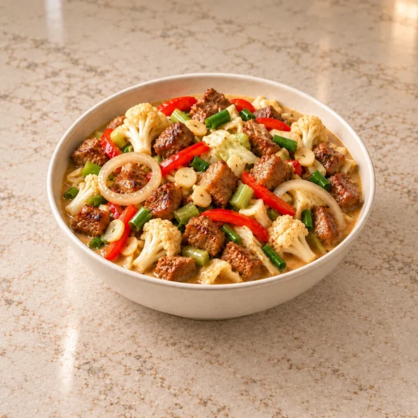 Chinese five-spice pork with cauliflower, cabbage, bell pepper, celery, scallions, onion, and garlic in homemade coconut milk