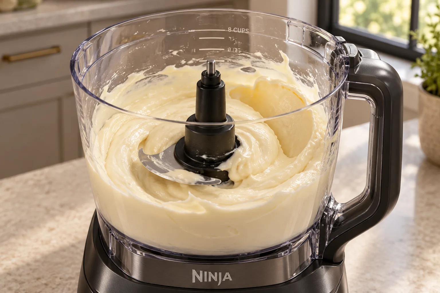 Thick plain mayonnaise holding soft ridges in the Ninja BN801 processor bowl