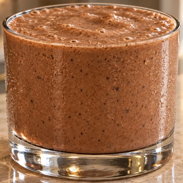 Chocolate banana nut-butter shake for Later Full GAPS in a close lowball glass