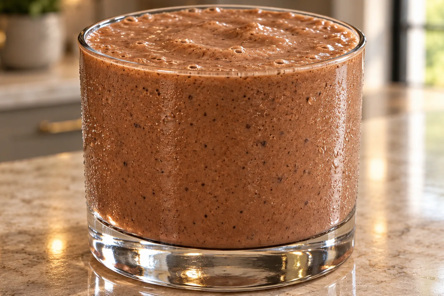 Chocolate banana nut-butter shake for Later Full GAPS in a close lowball glass
