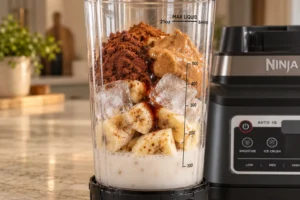 Frozen banana, coconut milk, cocoa, prepared nut butter, cinnamon, and three ice cubes loaded in the Ninja BN801 cup
