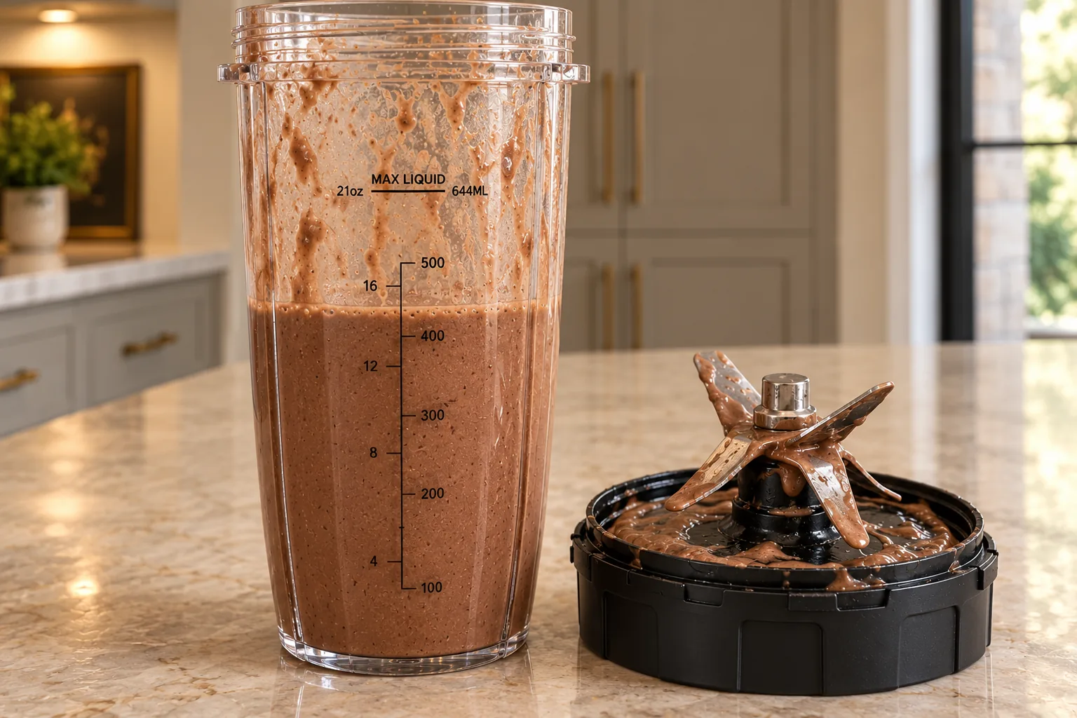 Smooth chocolate banana shake near the 400-milliliter mark in the Ninja BN801 cup beside its used coated blade