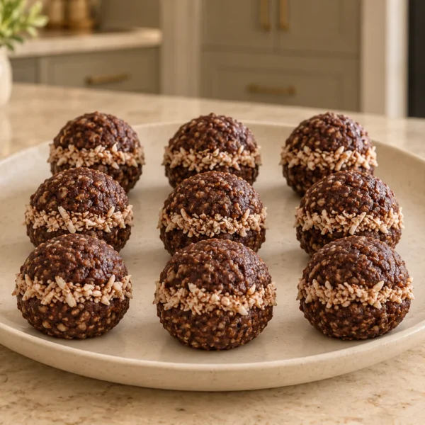 Nine chocolate coconut fudge bites for Later Full GAPS with narrow cocoa-coconut stripes