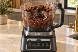 Grainy chocolate coconut fudge mixture in the exact Ninja BN801 food processor with its used coated blade