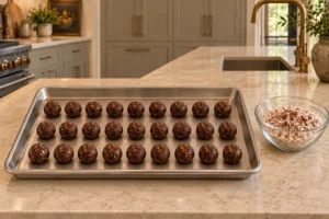 Twenty-seven uncoated chocolate coconut fudge bites in three rows of nine beside the cocoa-coconut coating