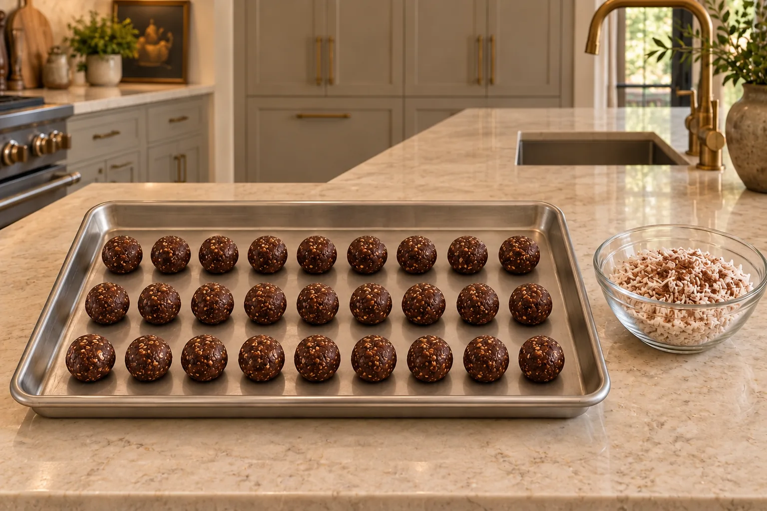 Twenty-seven uncoated chocolate coconut fudge bites in three rows of nine beside the cocoa-coconut coating