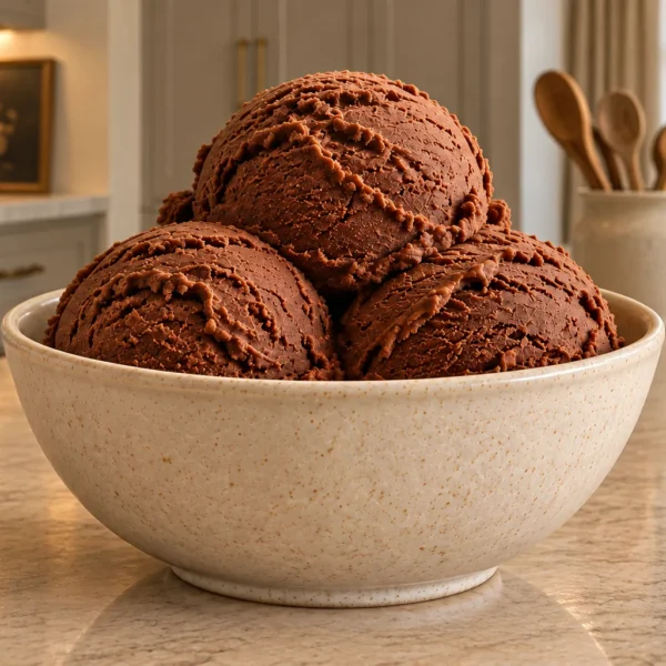 Dark Chocolate Orange Banana Ice Cream for Later Full GAPS in a cream bowl on the WFLI kitchen island