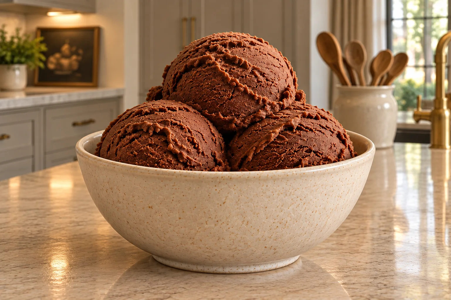 Dark Chocolate Orange Banana Ice Cream for Later Full GAPS in a cream bowl on the WFLI kitchen island