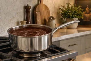 Glossy dark chocolate orange banana ice cream base in the Le Creuset stainless saucepan on the far-left range