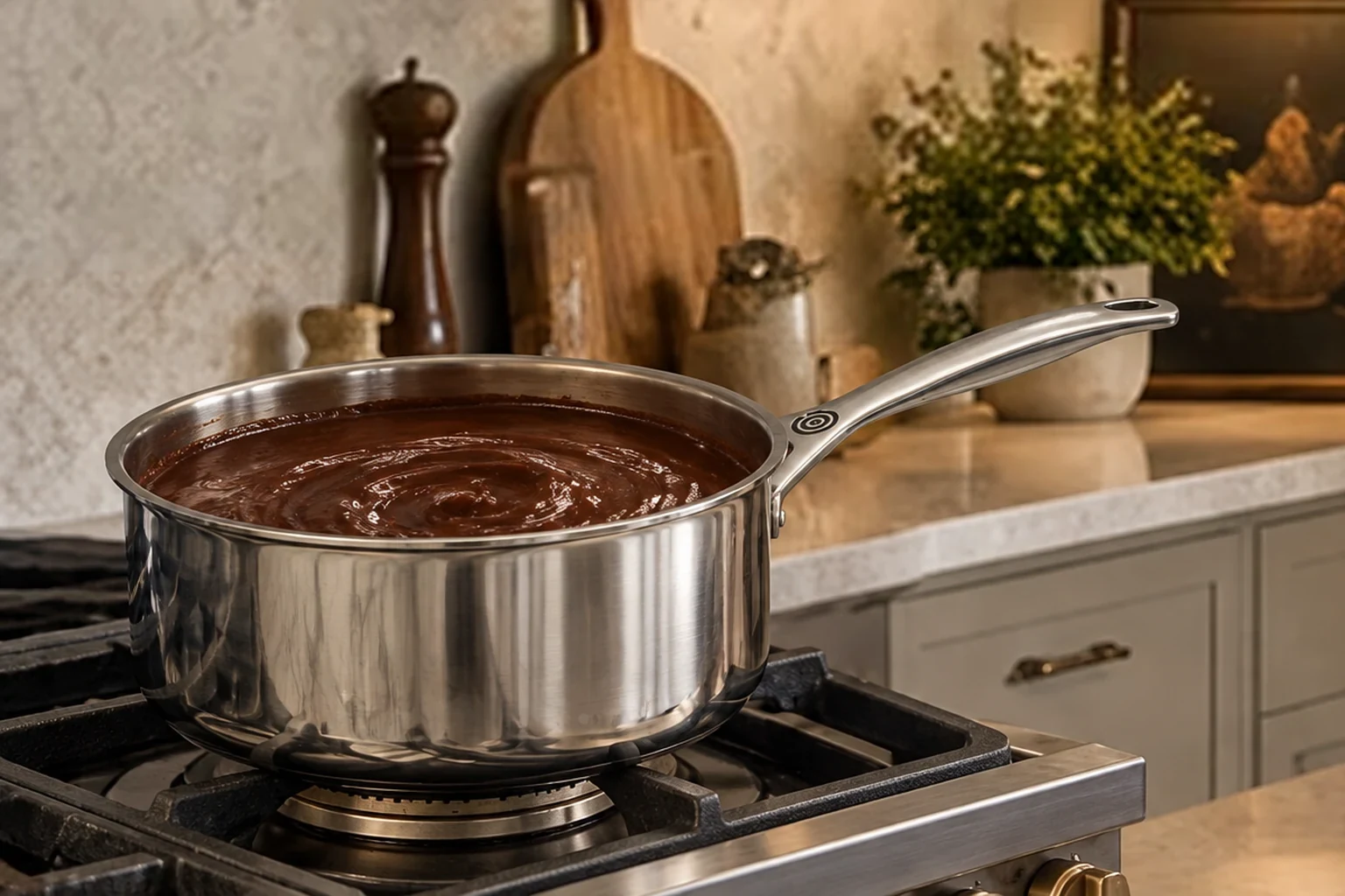 Glossy dark chocolate orange banana ice cream base in the Le Creuset stainless saucepan on the far-left range