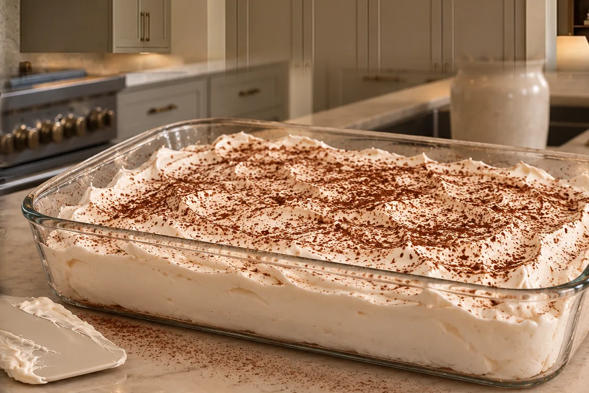 Fresh honey meringue spread in a cocoa-dusted glass dish