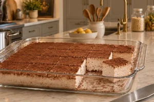 Chilled cocoa-dusted honey meringue slab cut into cubes